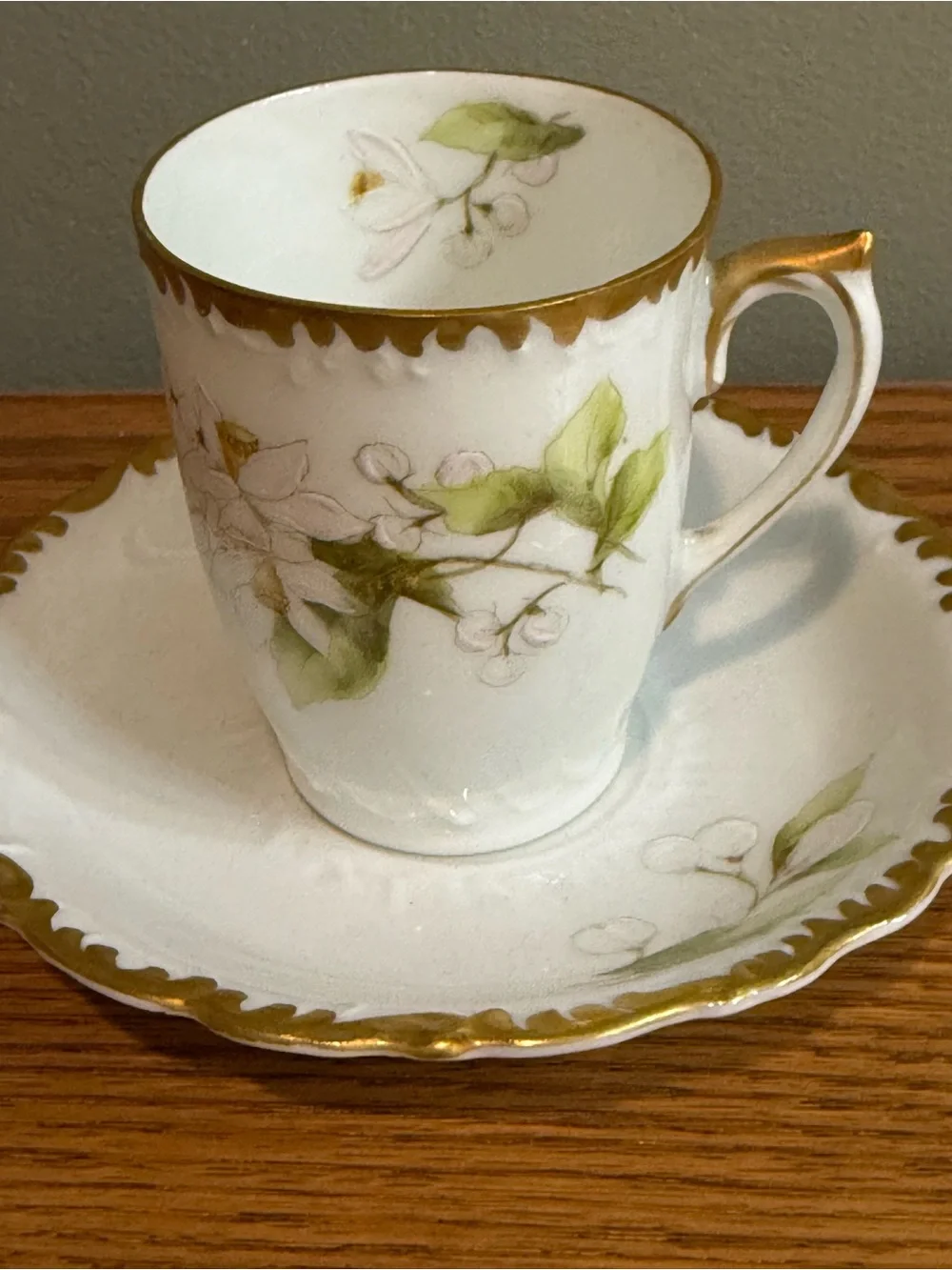 Vintage Porcelain Demitasse Cup and Saucer Hand Paired Floral White Gold Yellow